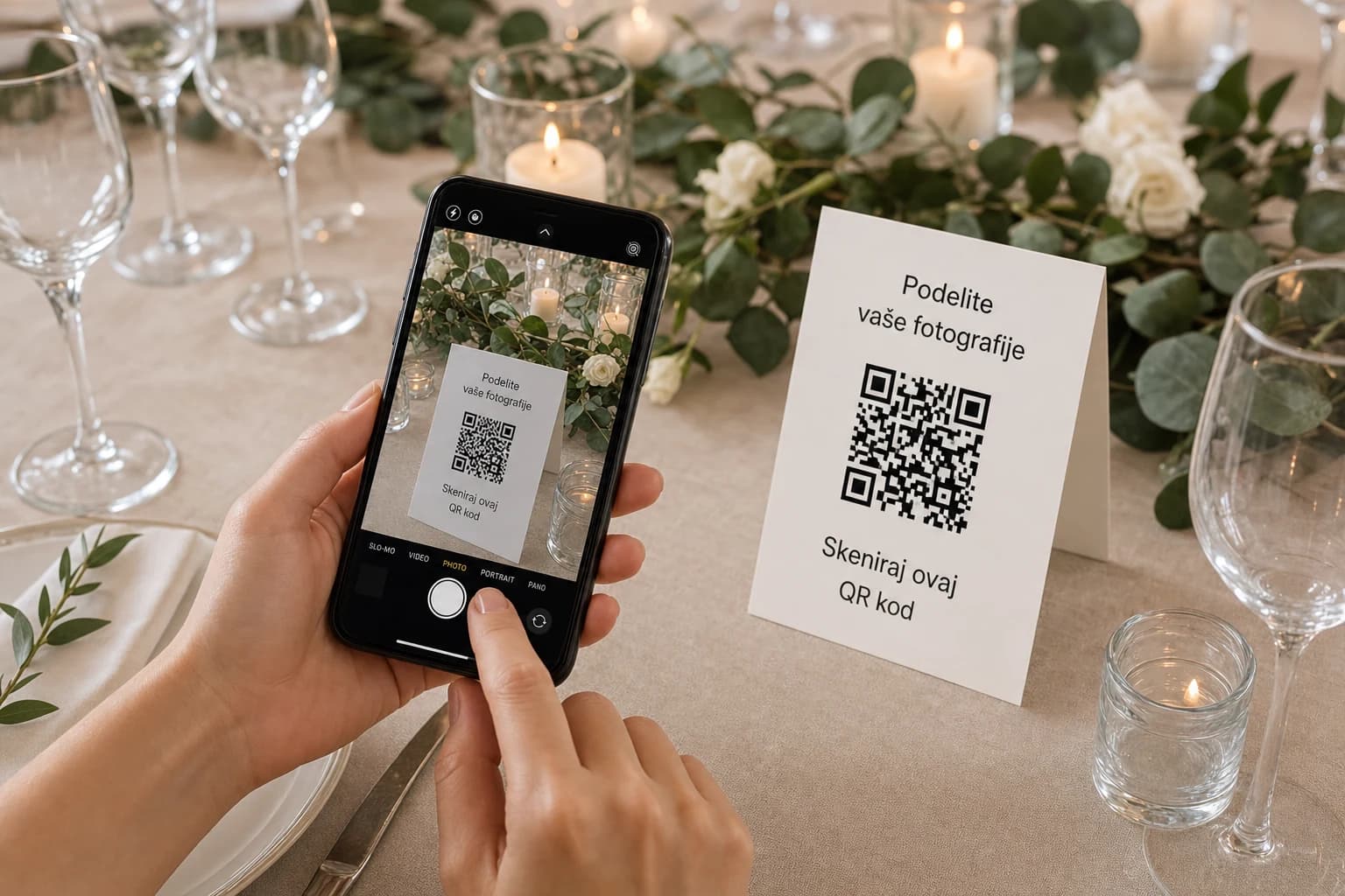 Gost telefonom skenira QR kod sa svadbenog stola da bi podelio fotografije